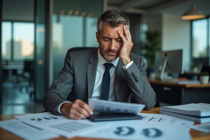 Homme d'affaires inquiet en costume gris dans un bureau moderne