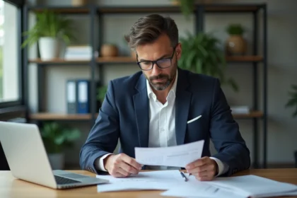 Homme d'affaires en costume bleu dans un bureau moderne