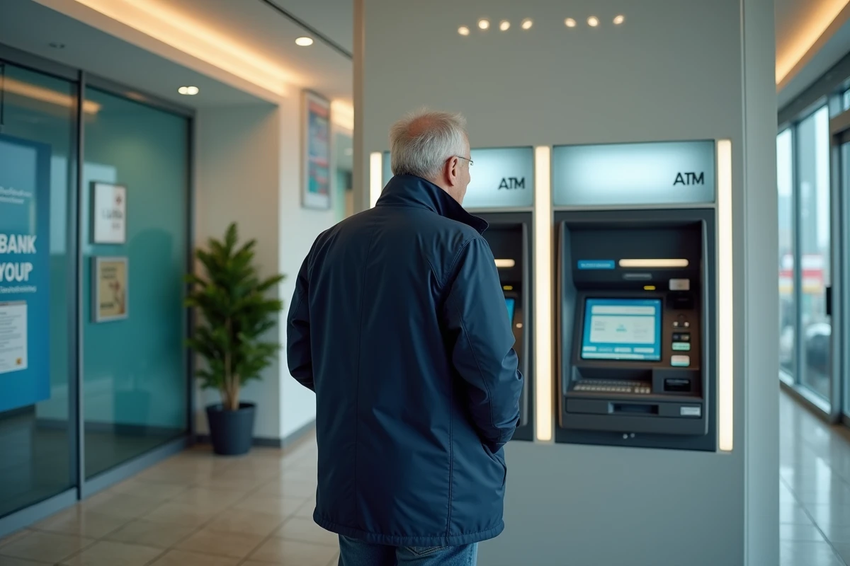 Homme insérant sa carte dans un distributeur bancaire