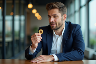 Homme en costume tenant une pièce de Bitcoin dans un bureau