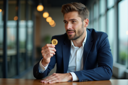 Homme en costume tenant une pièce de Bitcoin dans un bureau