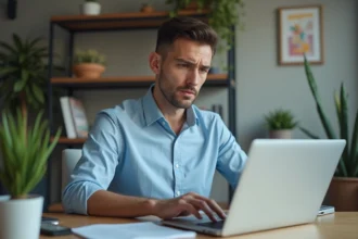 Homme au bureau regardant son ordinateur portable