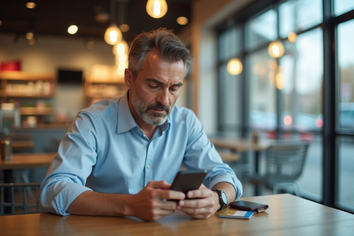 Homme regardant son smartphone dans un café de supermarché