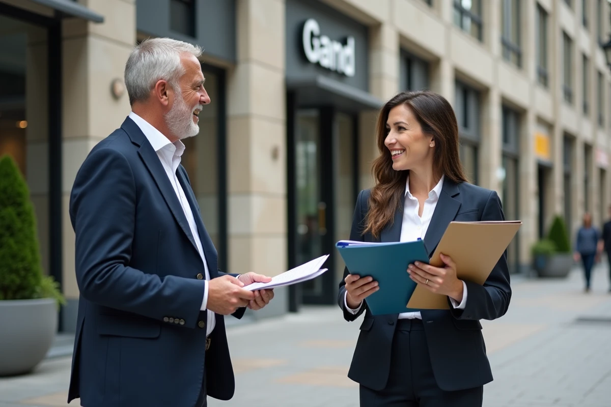 Homme en blazer discutant avec une conseillère bancaire devant une agence moderne