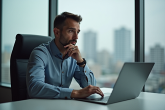 Homme d'affaires contemplant un graphique crypto au bureau