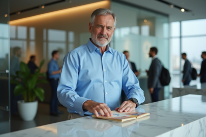 Homme d'affaires en bleu glissant des billets dans une enveloppe