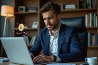 Jeune homme en costume regardant des graphiques crypto