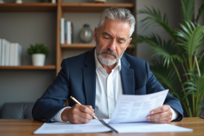 Homme d'environ 50 ans examine des documents financiers