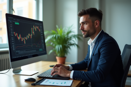 Homme concentré en costume dans un bureau moderne