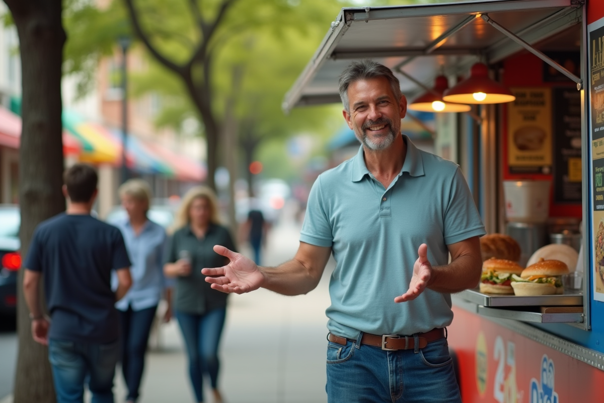 Homme gérant un food truck en ville dynamique