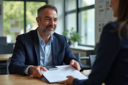 Homme français en blazer tenant un dossier à la mairie