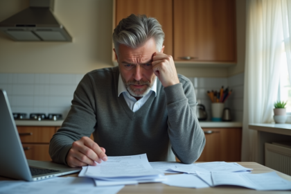 Homme inquiet lisant des factures dans la cuisine