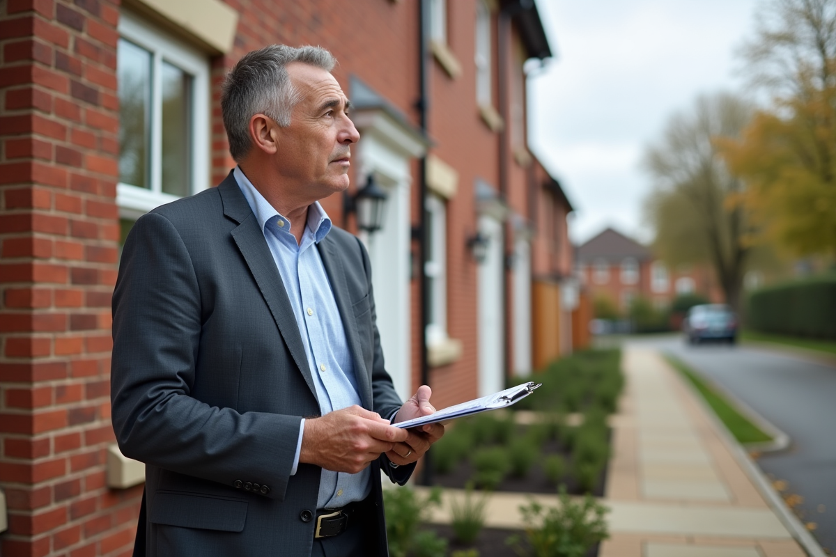 Homme d affaires inspectant une façade rénovée
