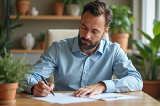 Homme d'âge moyen lisant des papiers dans un salon lumineux