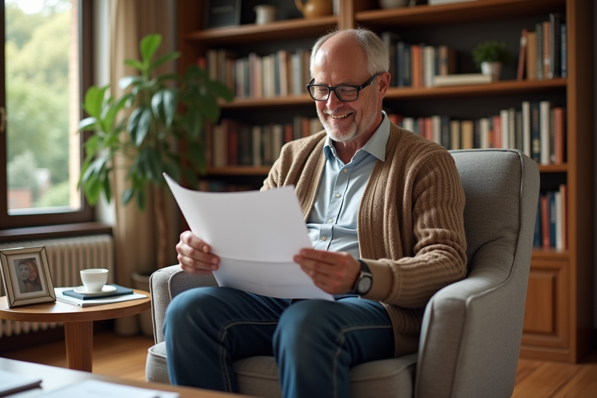 Homme âgé lisant un brochure de prêt dans un salon chaleureux