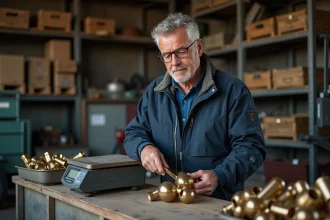 Homme d'âge moyen vérifiant un petit lot de brfittings dans un atelier industriel