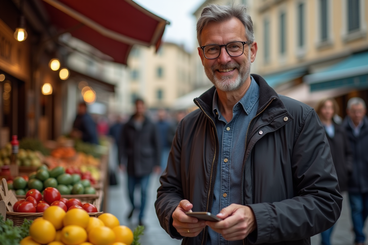Homme payant en Bitcoin au marché de Lyon