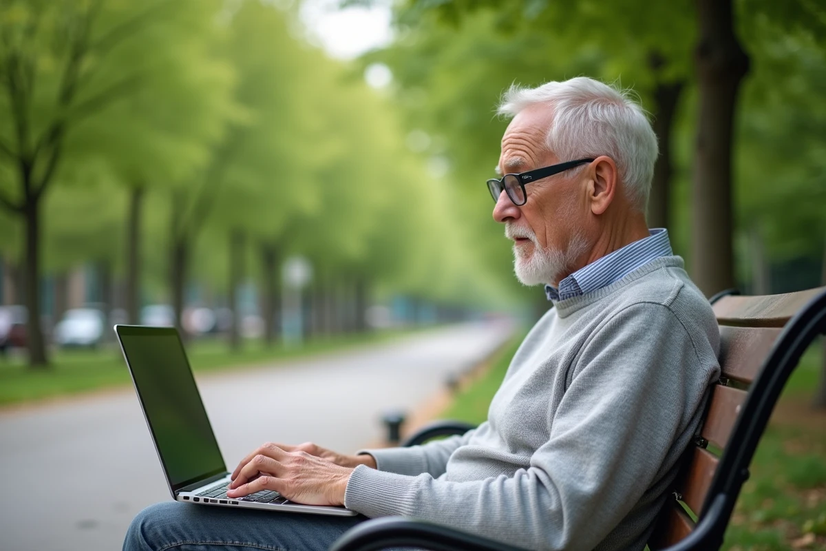 Homme âgé utilisant un ordinateur portable dans un parc