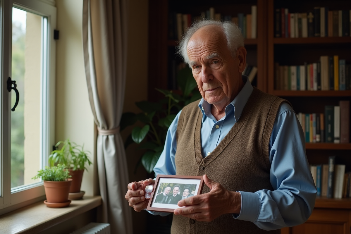 Homme âgé regardant une photo dans un salon calme