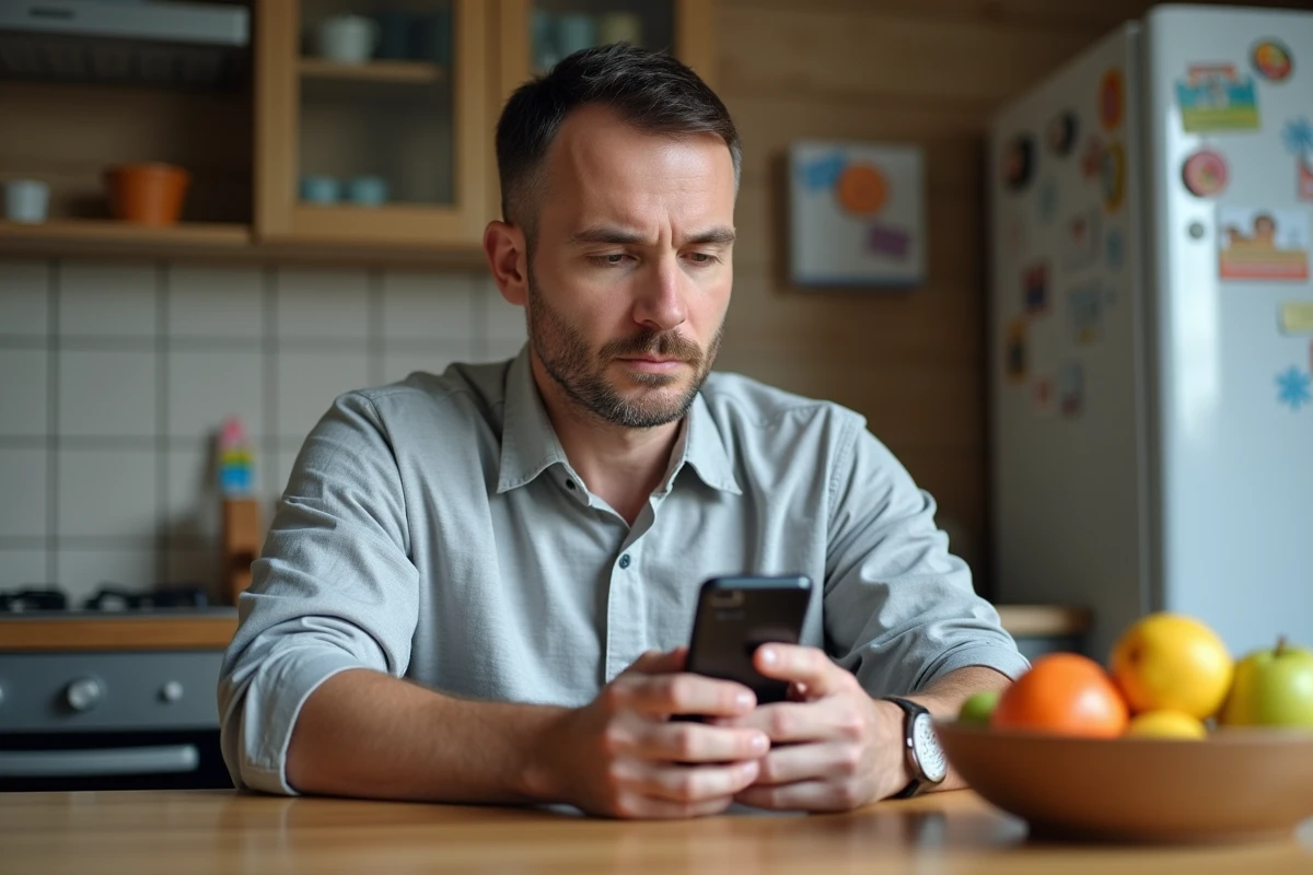 Homme utilisant un smartphone dans une cuisine chaleureuse
