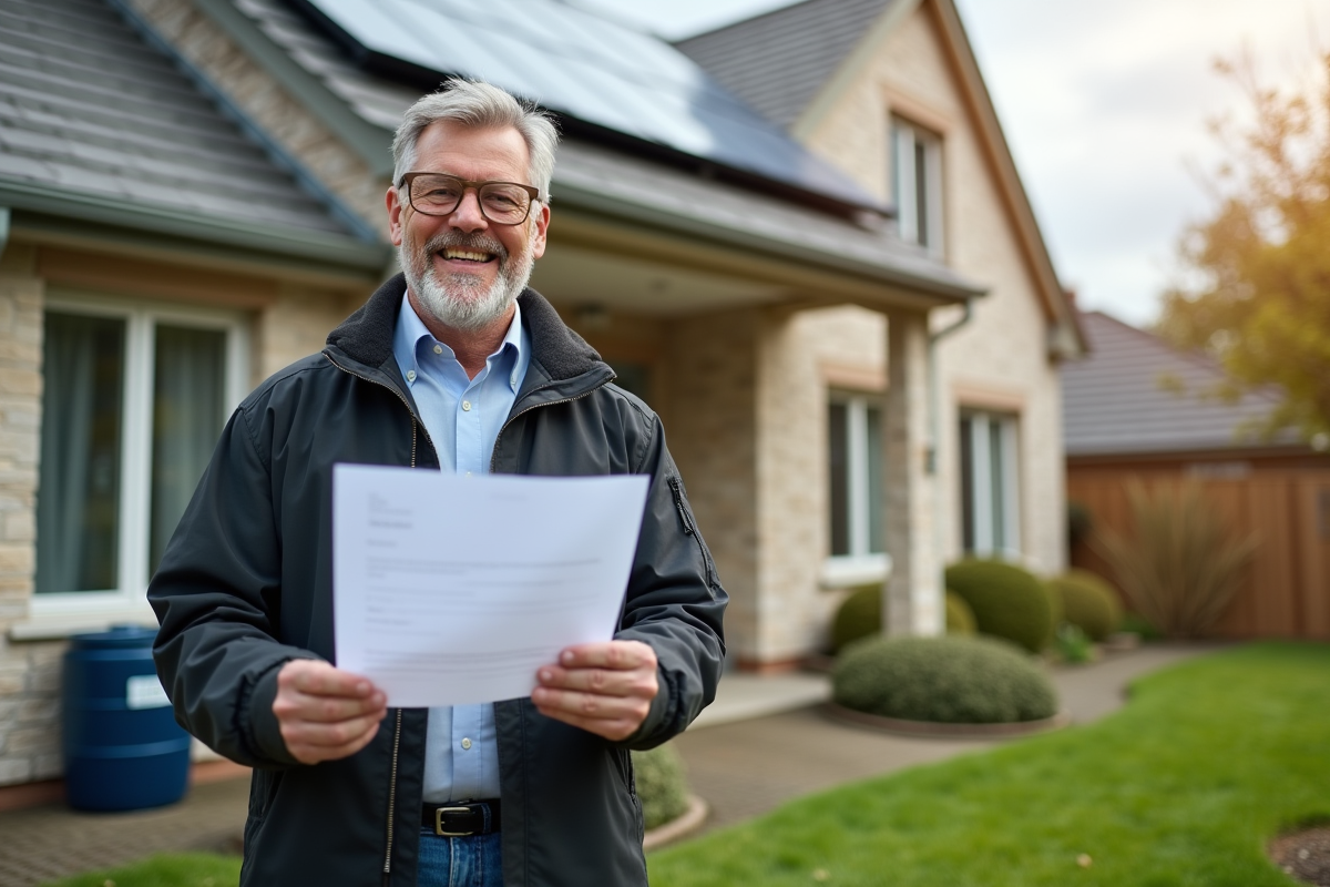Homme tenant une lettre de prêt vert devant ses panneaux solaires