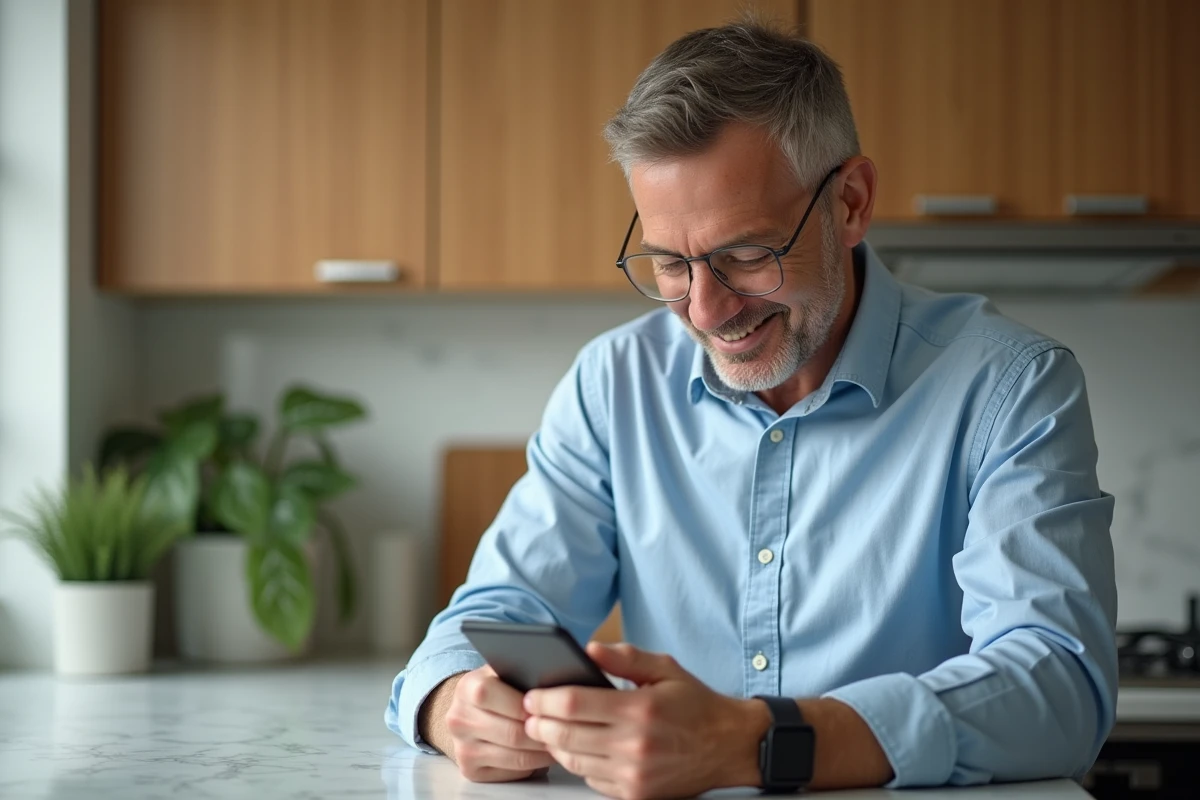 Homme souriant utilisant son smartphone pour banque en ligne