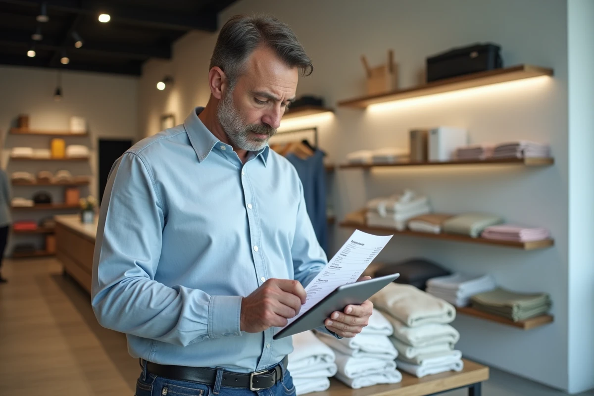 Homme d age vérifiant des reçus de vente dans un magasin moderne