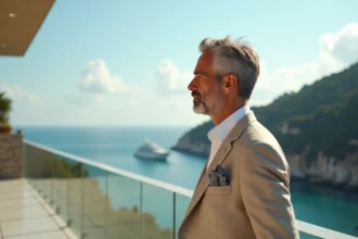 Homme d age en costume sur la terrasse d une villa au bord de mer