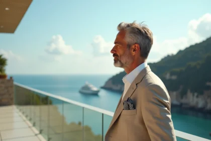 Homme d age en costume sur la terrasse d une villa au bord de mer