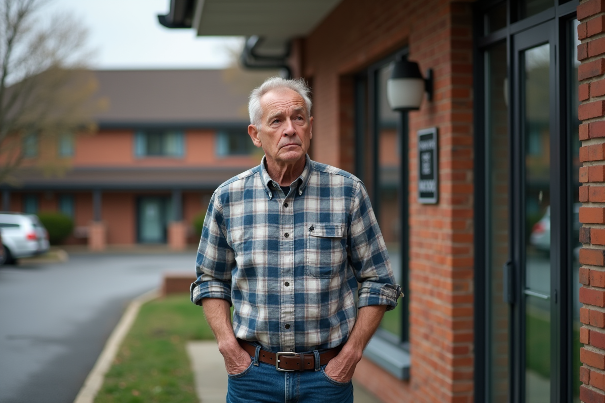 Homme inquiet devant l entree d une residence senior