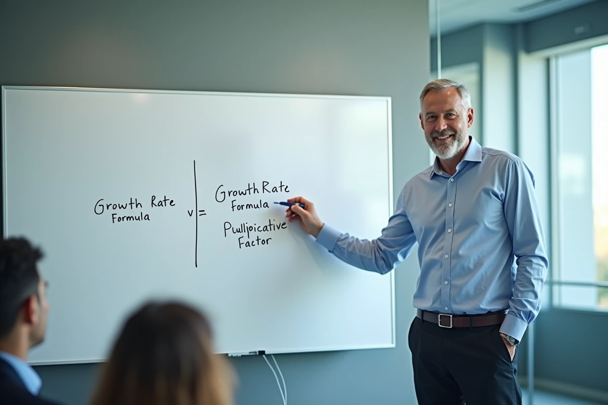 Homme en réunion explique des formules sur un tableau blanc