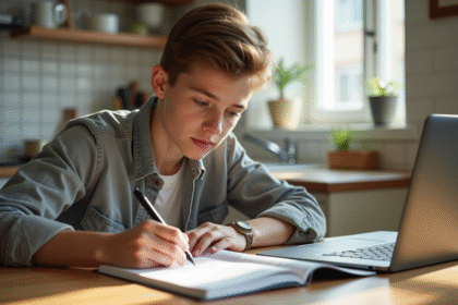 Jeune adulte planifiant son budget avec un carnet et un ordinateur