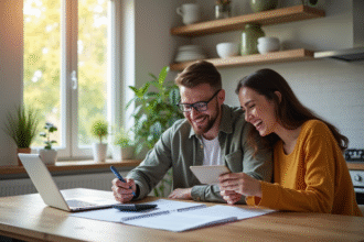 Couple jeune discutant de prêt immobilier à la maison