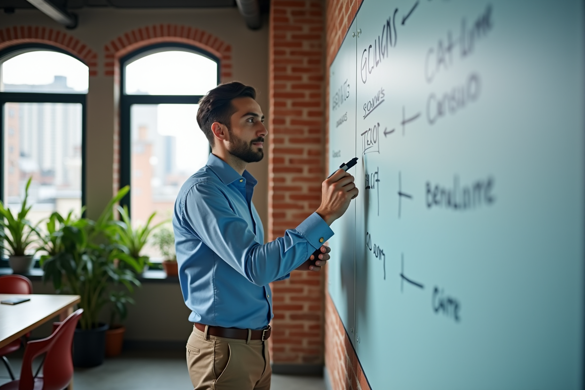 Jeune entrepreneur écrivant sur un mur dans un espace coworking