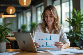 Jeune femme au bureau souriante et concentrée