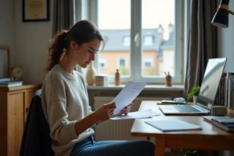 Jeune femme étudiant et lisant une lettre officielle dans son appartement