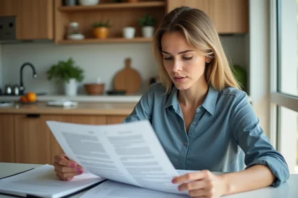 Jeune femme lisant des documents de prêt immobilier dans une cuisine lumineuse