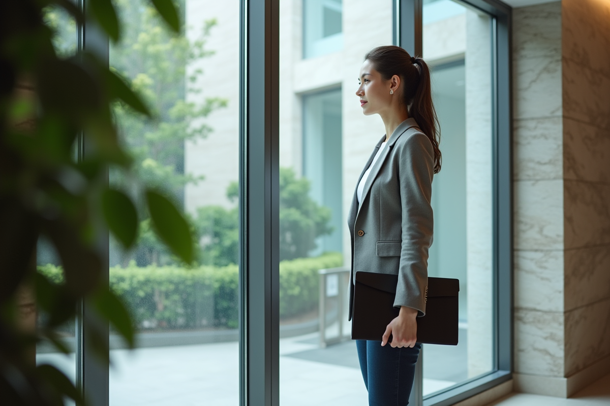 Jeune femme dans un lobby professionnel regardant par la fenêtre