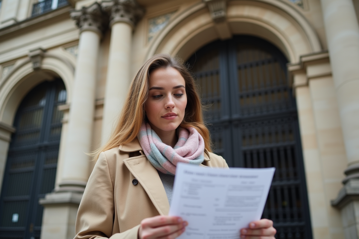 Jeune femme française vérifiant une liste de documents devant la mairie