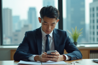 Jeune homme d'affaires chinois regardant son smartphone