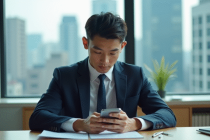 Jeune homme d'affaires chinois regardant son smartphone