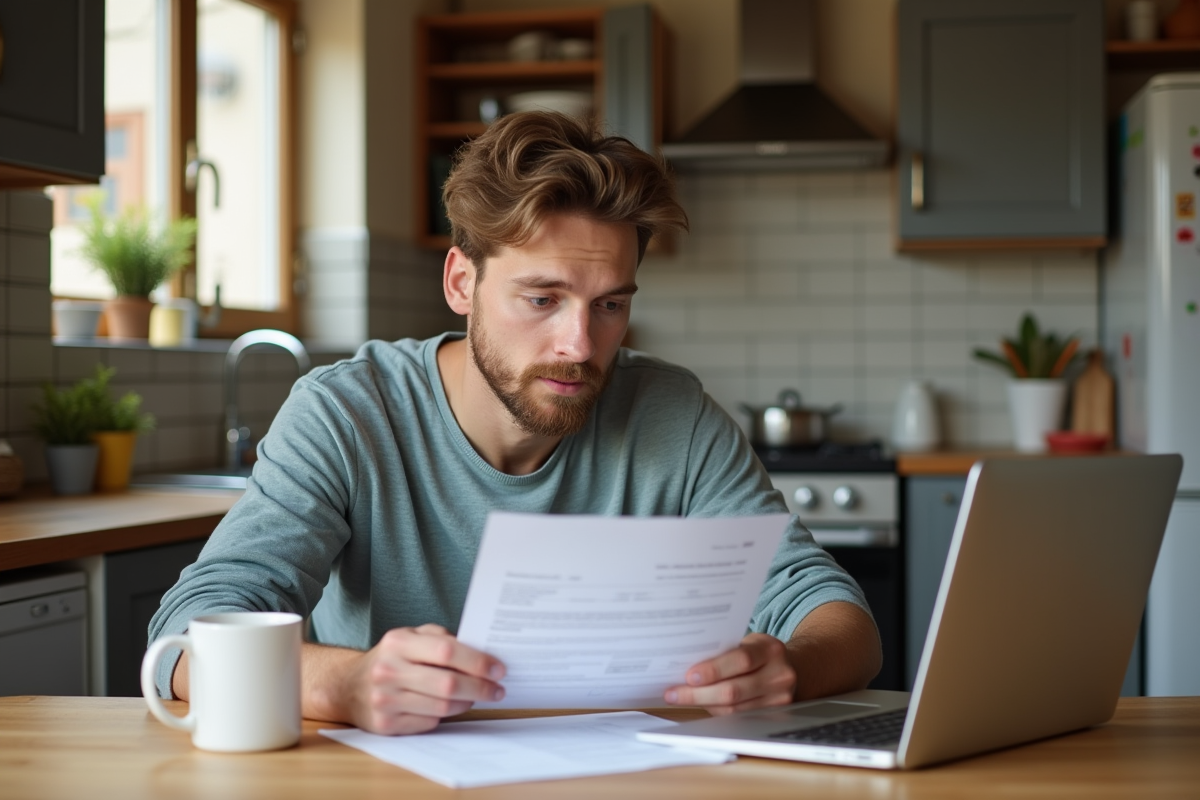 Jeune homme regarde un formulaire de TVA dans la cuisine