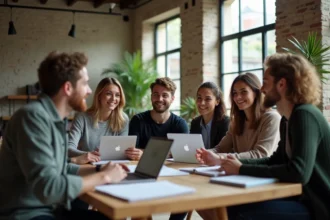 Groupe de jeunes entrepreneurs en coworking moderne