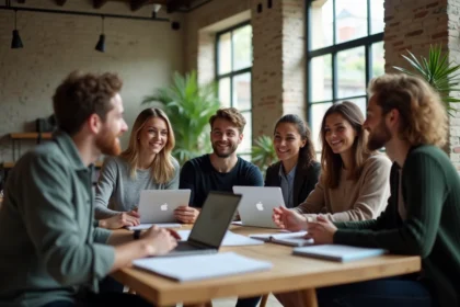 Groupe de jeunes entrepreneurs en coworking moderne