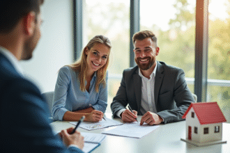 Couple souriant signant des documents immobiliers avec conseiller