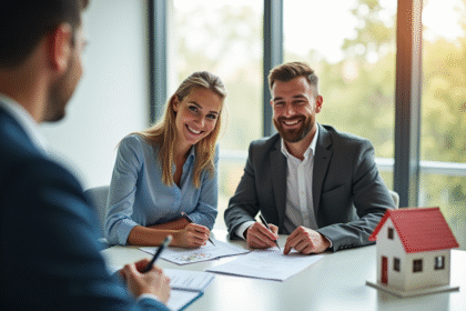 Couple souriant signant des documents immobiliers avec conseiller