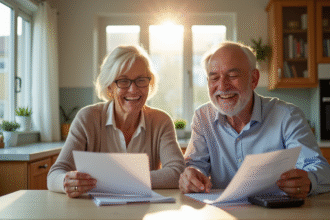 Seniors souriants planifiant leur retraite à la cuisine