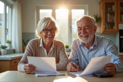 Seniors souriants planifiant leur retraite à la cuisine