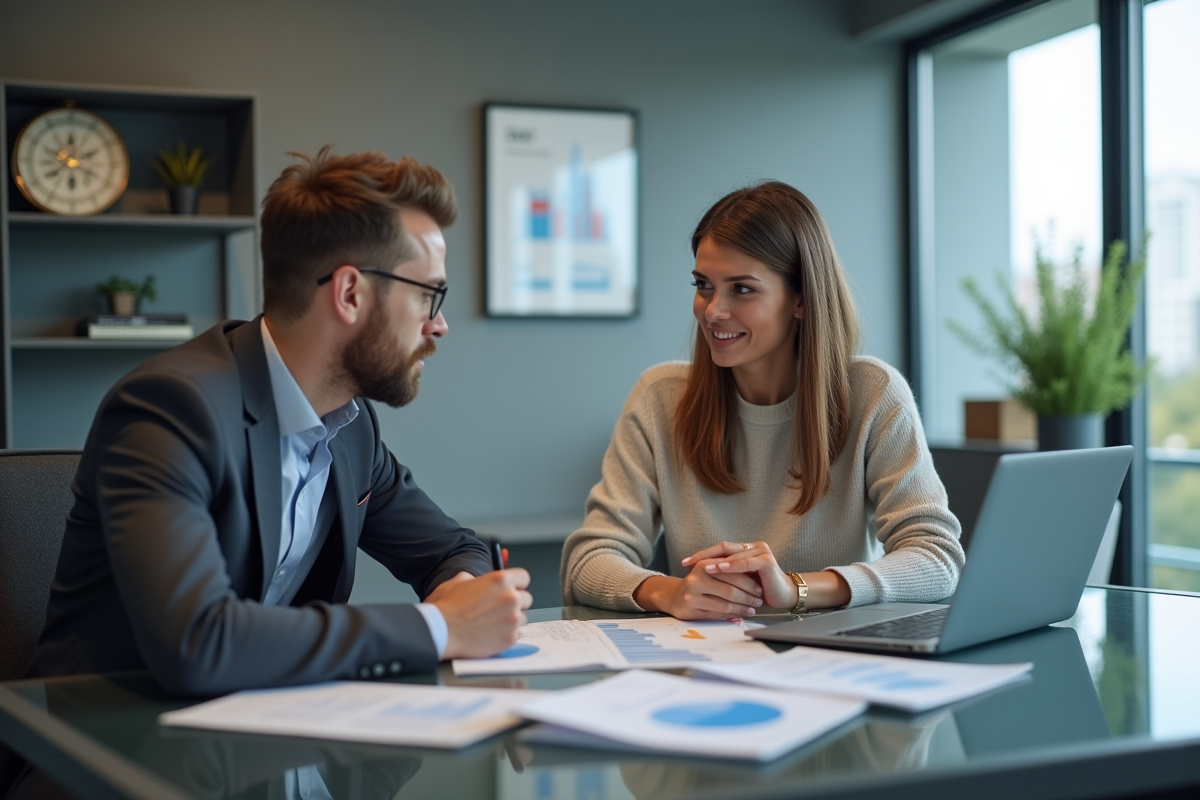 Femme et conseiller financier discutent en bureau moderne