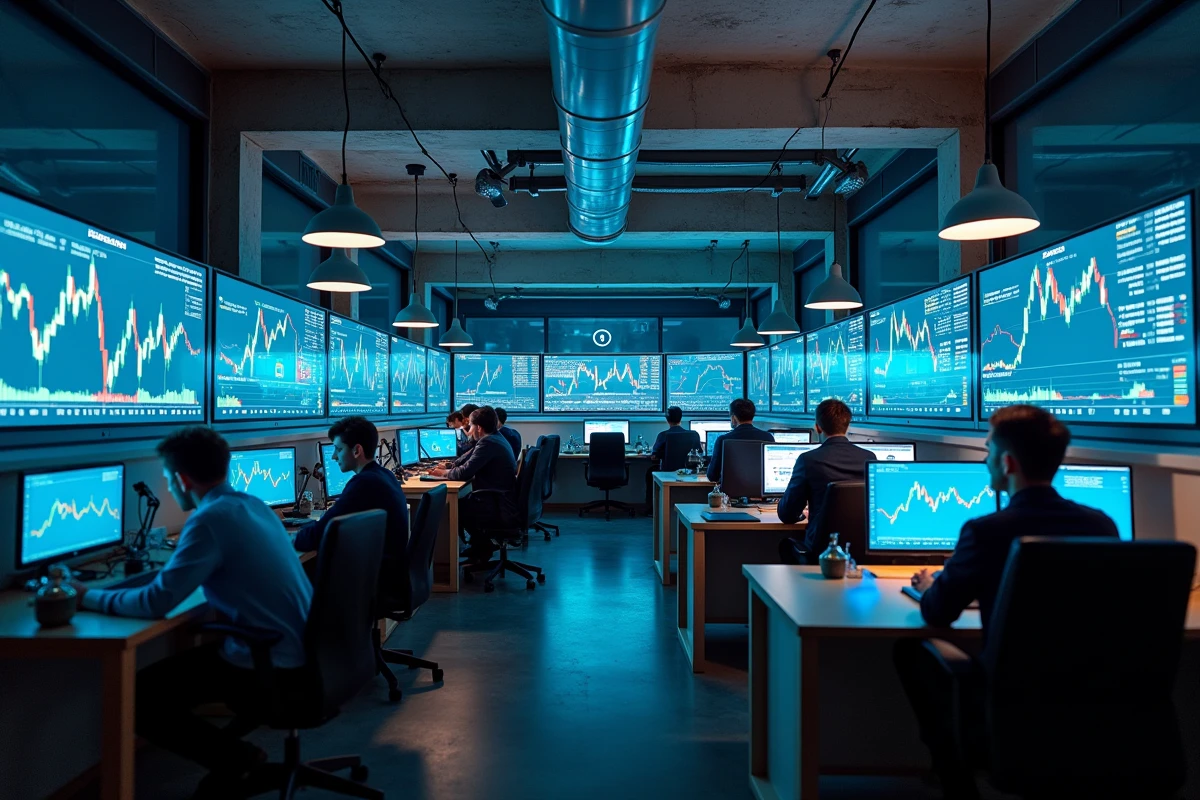 Salle de trading fintech avec des professionnels face à la chute des altcoins dont Solana en temps réel